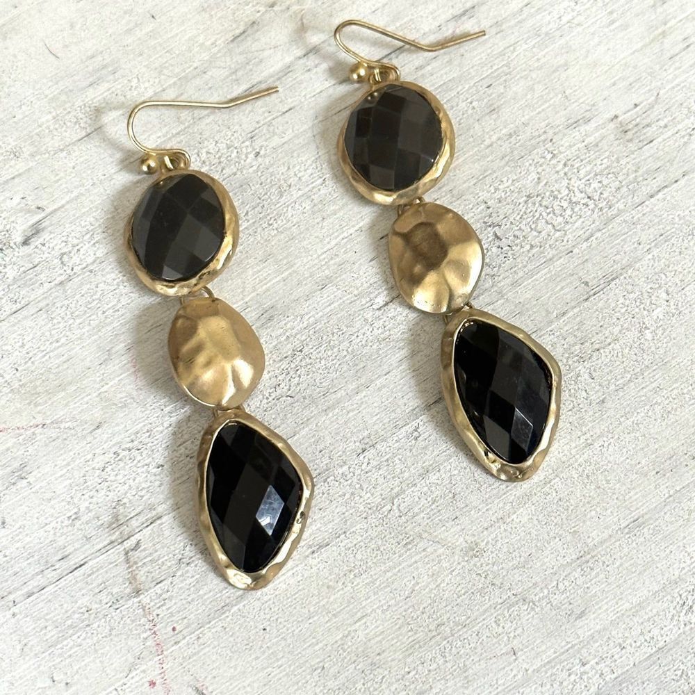 Black and gold tone drop earrings